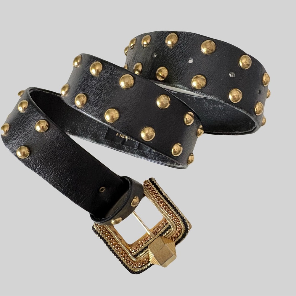 Black Studded Leather Belt with Gold Buckle